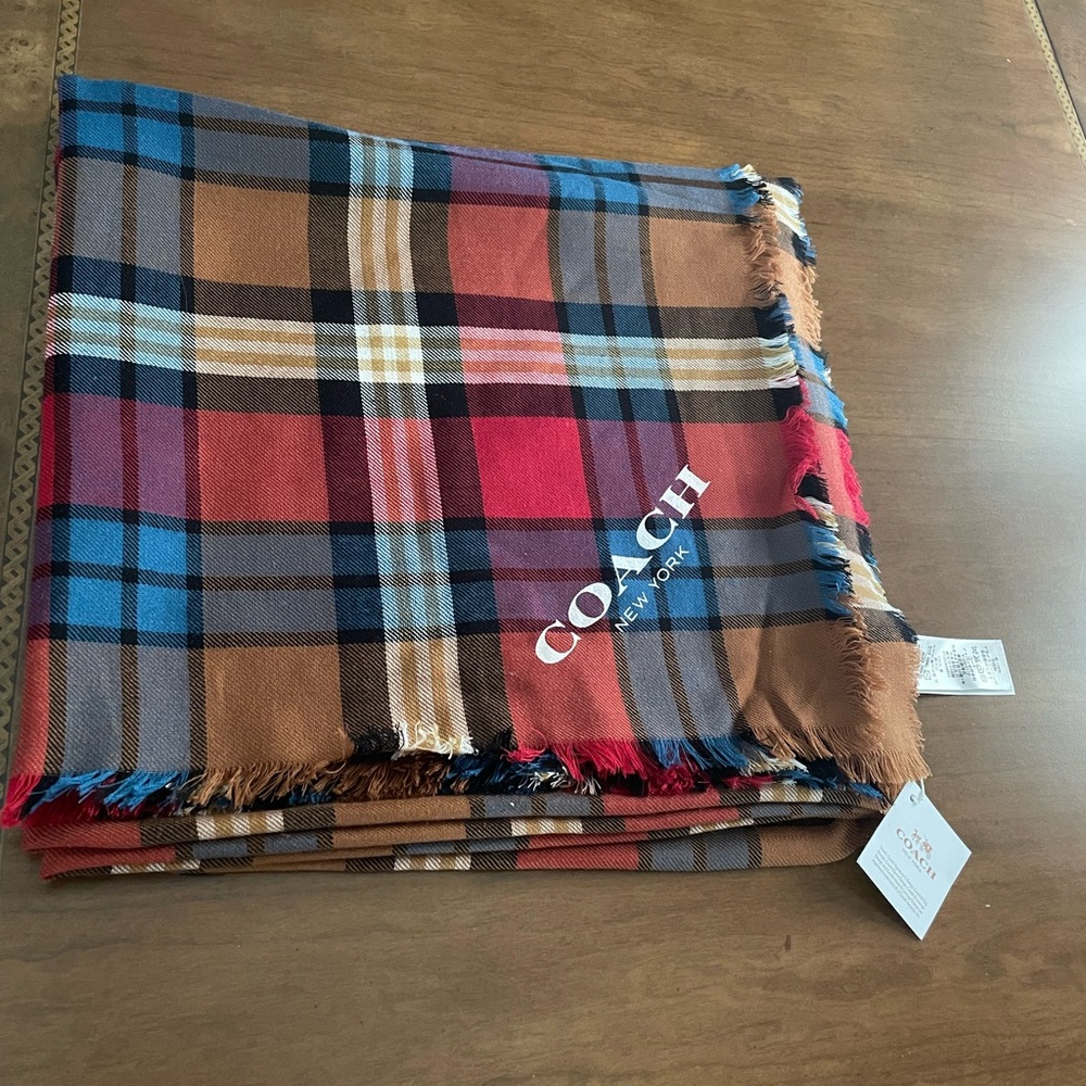 Coach Multicolor 100% wool Plaid Scarf /Palantine with Fringe